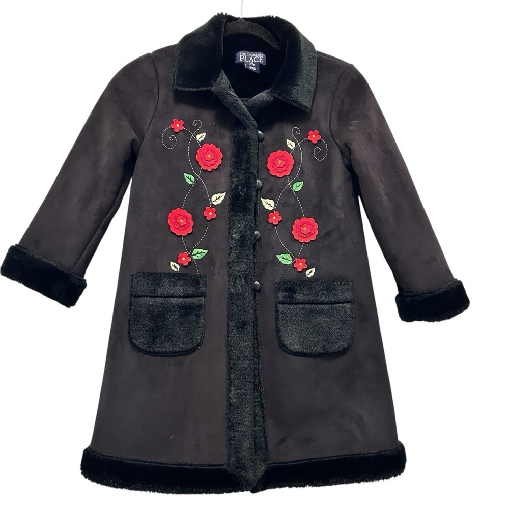 Children’s Place Girls Black Faux Fur Floral Embroidered Coat SZ 7/8